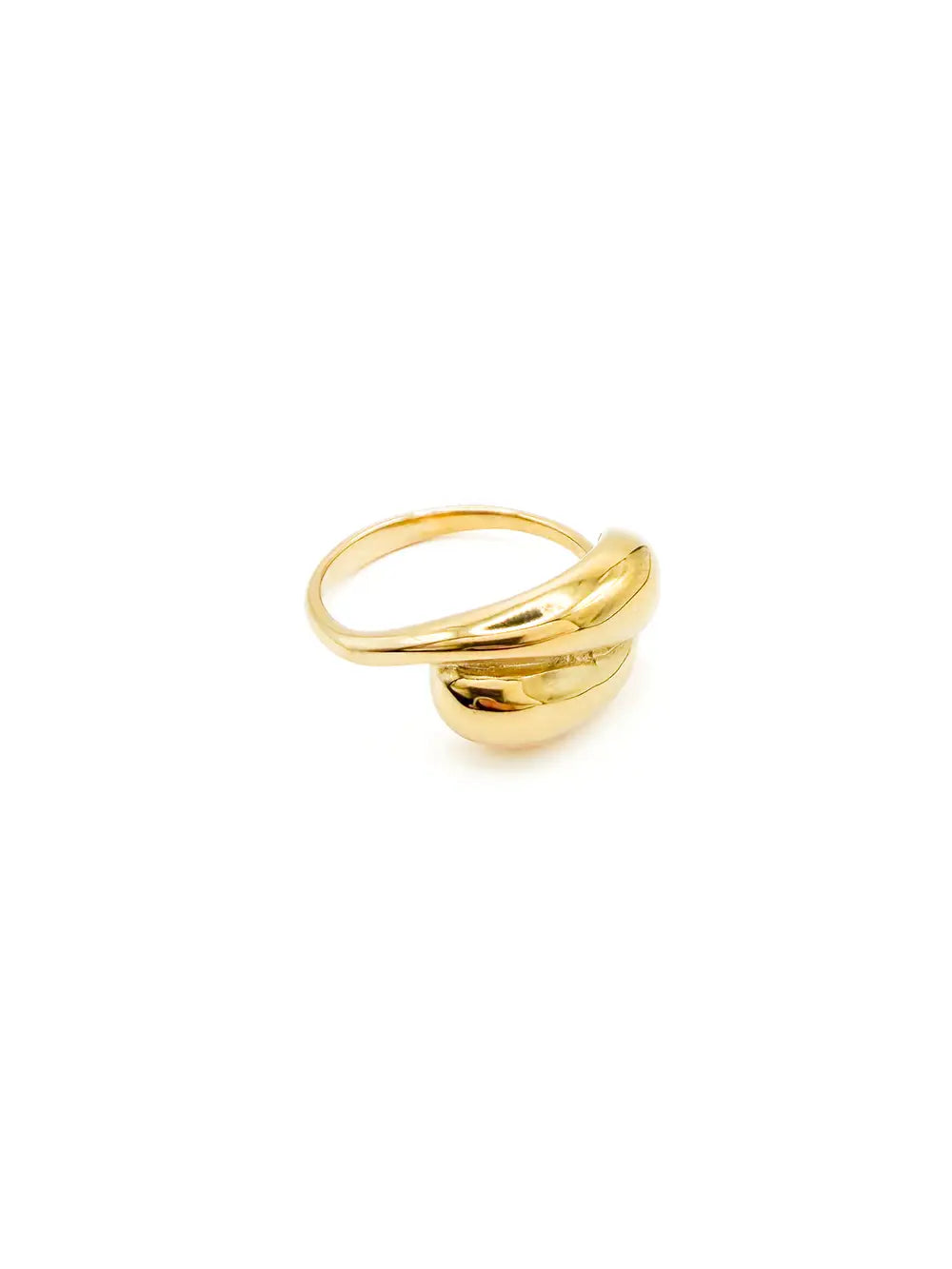 bague femme en acier inoxydable dorée avec 2 gouttes entrecroisées et bombées sur le dessus.