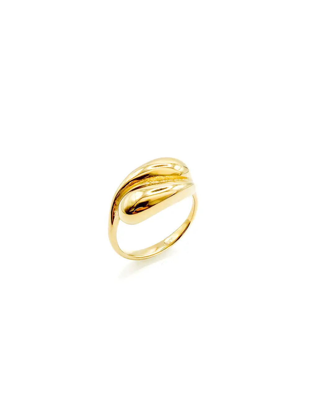 Bague croisée dorée pour femme avec deux courbes bombées entrelacées et finition miroir brillante