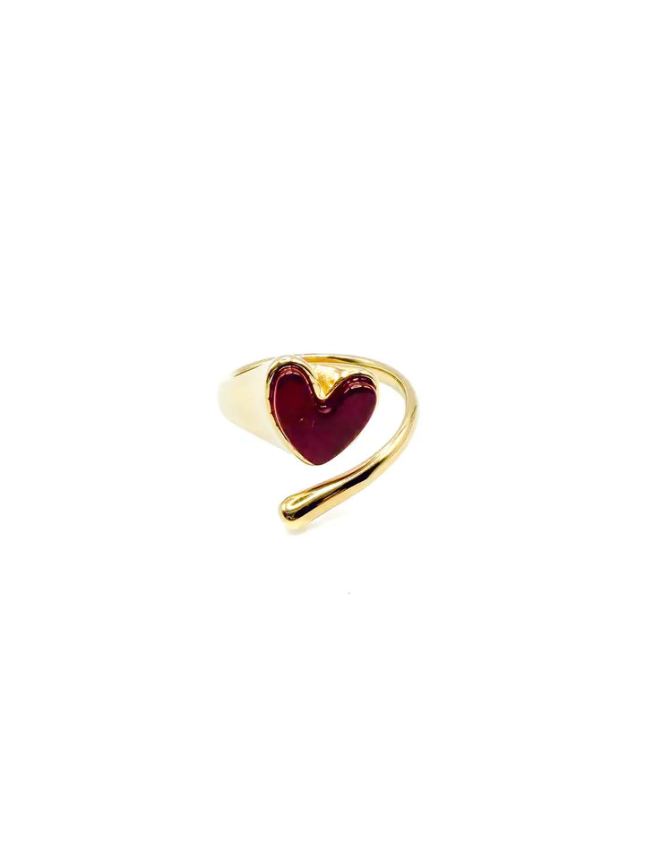 Bague femme en acier inoxydable dorée avec un coeur rouge et une tige ouverte