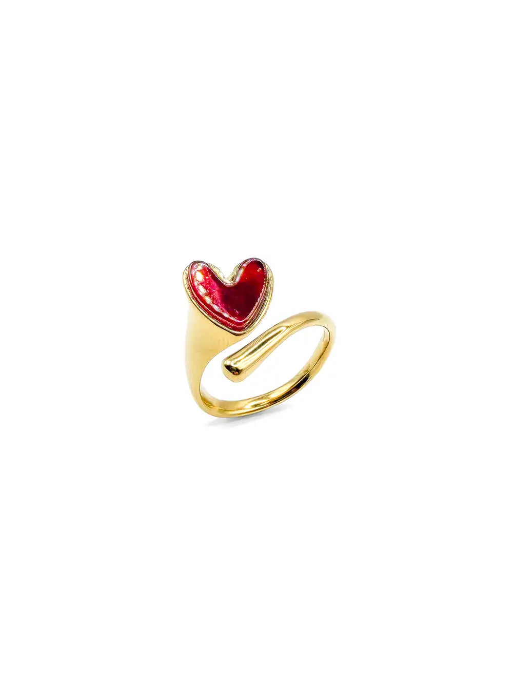 Bague cœur rouge et dorée pour femme avec anneau ouvert asymétrique et motif cœur brillant