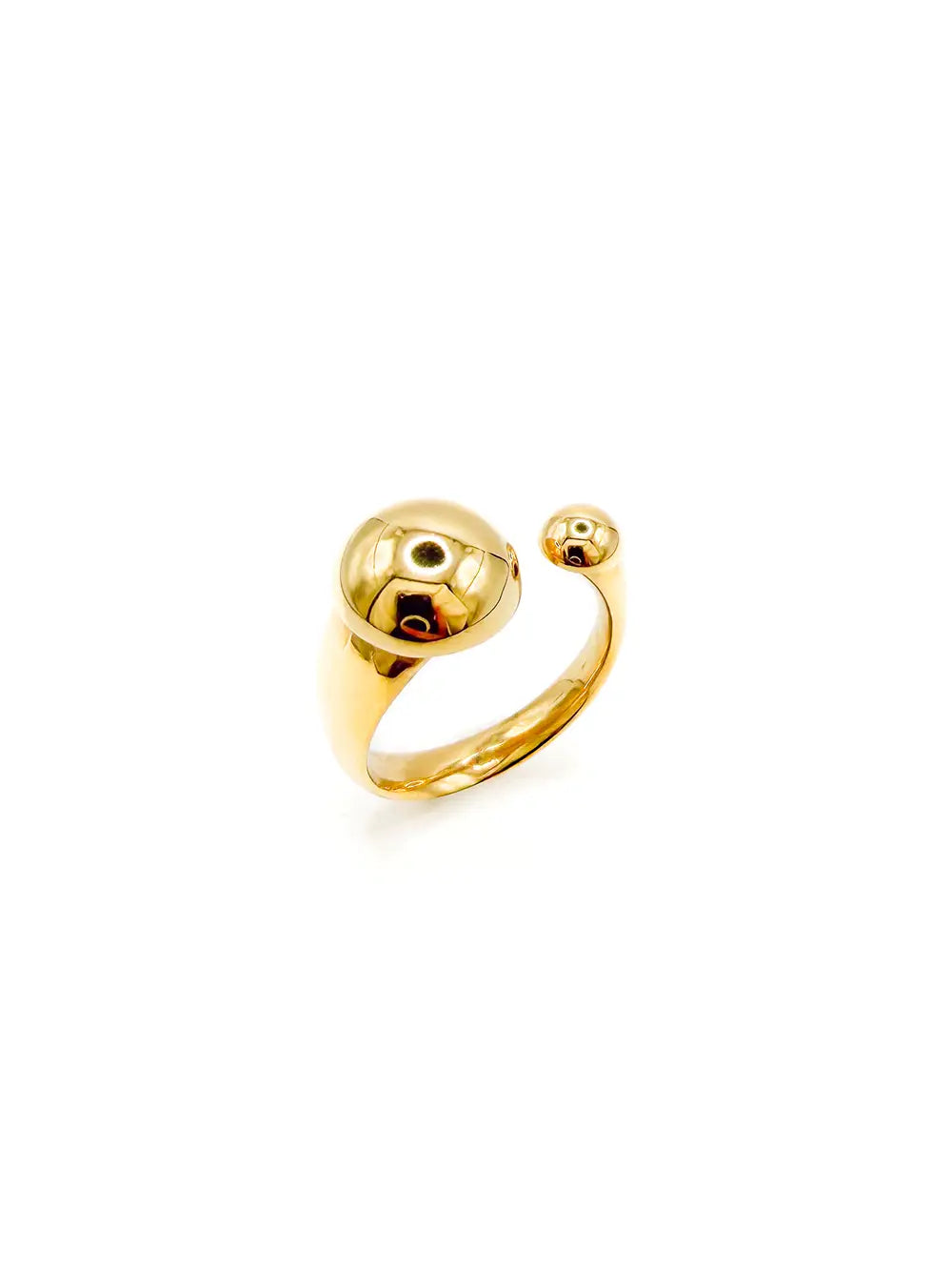 Bague boules asymétriques dorée pour femme avec deux sphères de tailles différentes et anneau ouvert