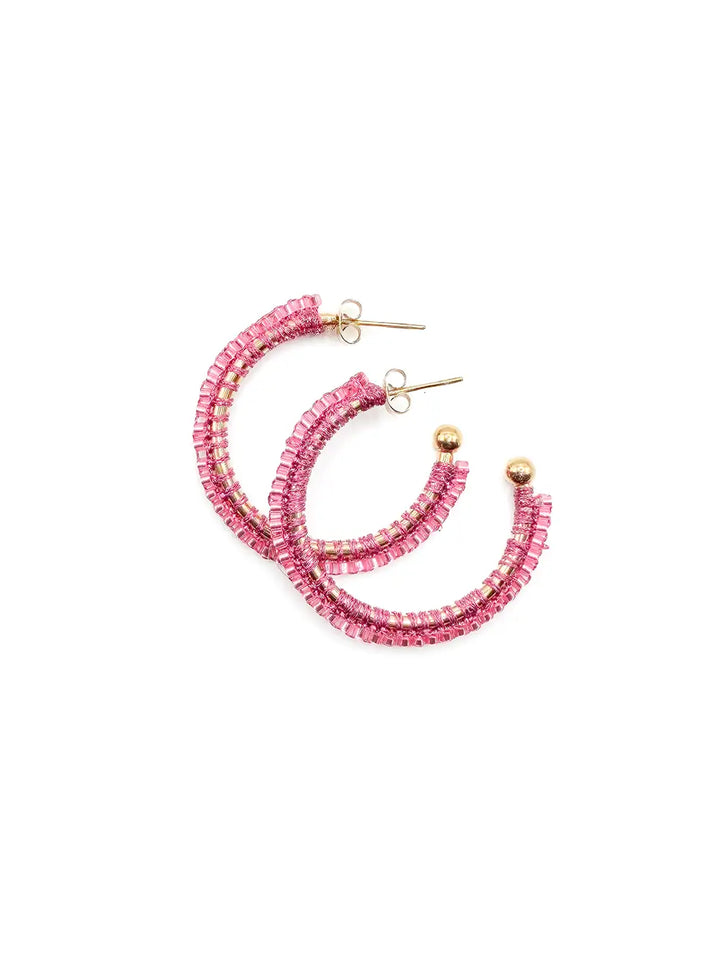 Boucles d’oreilles créoles tissage perles roses faites main