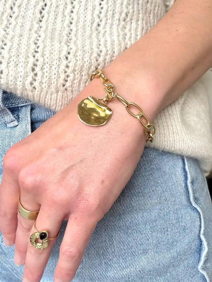 Bracelet doré grosse maille et médaille martelée – acier inoxydable