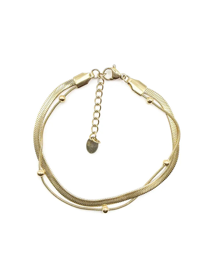Bracelet double rang maille miroir et boules doré