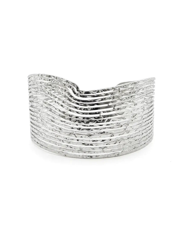 Bracelet large argenté lignes ondulées et texturées