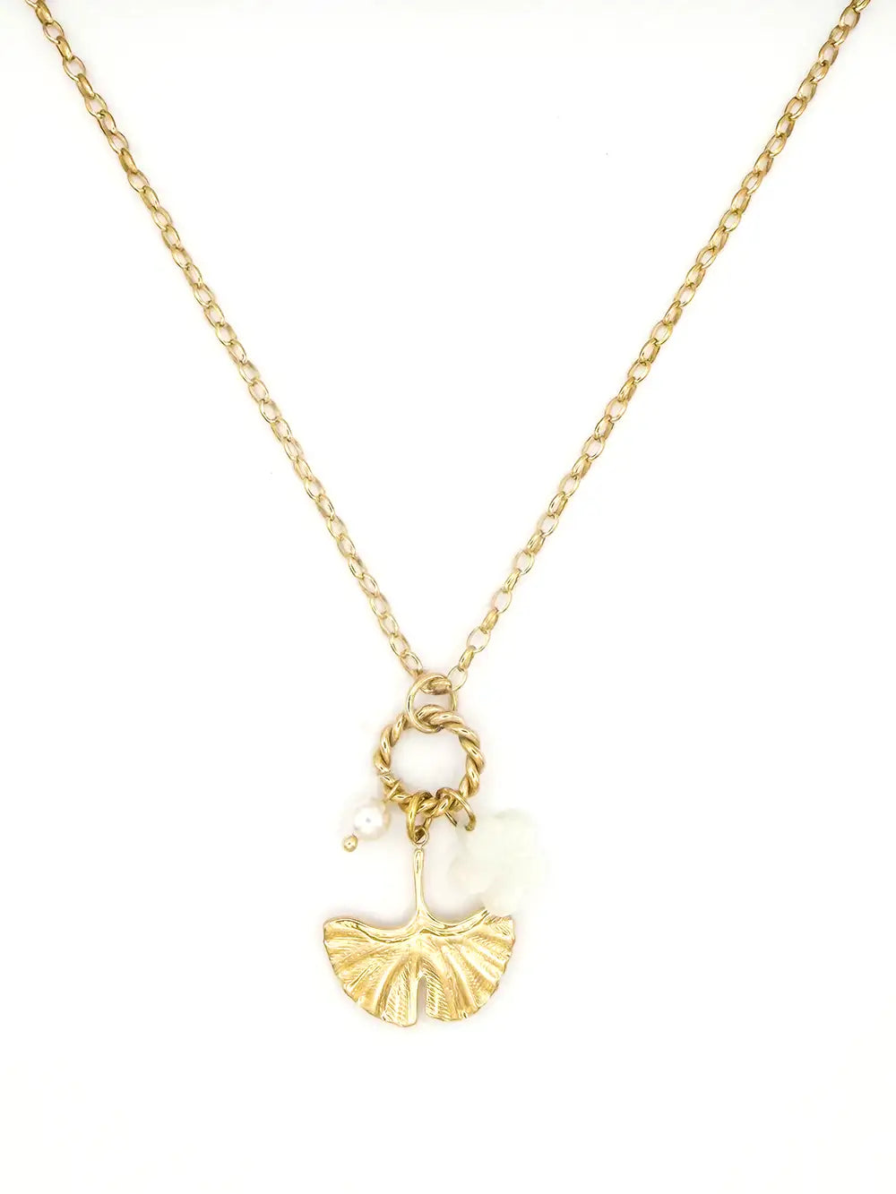 Collier feuille de ginkgo en acier inoxydable doré