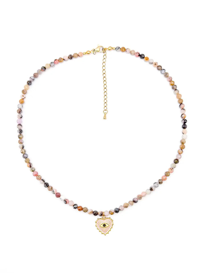 collier femme en pierre naturelle rose avec pendentif cœur original