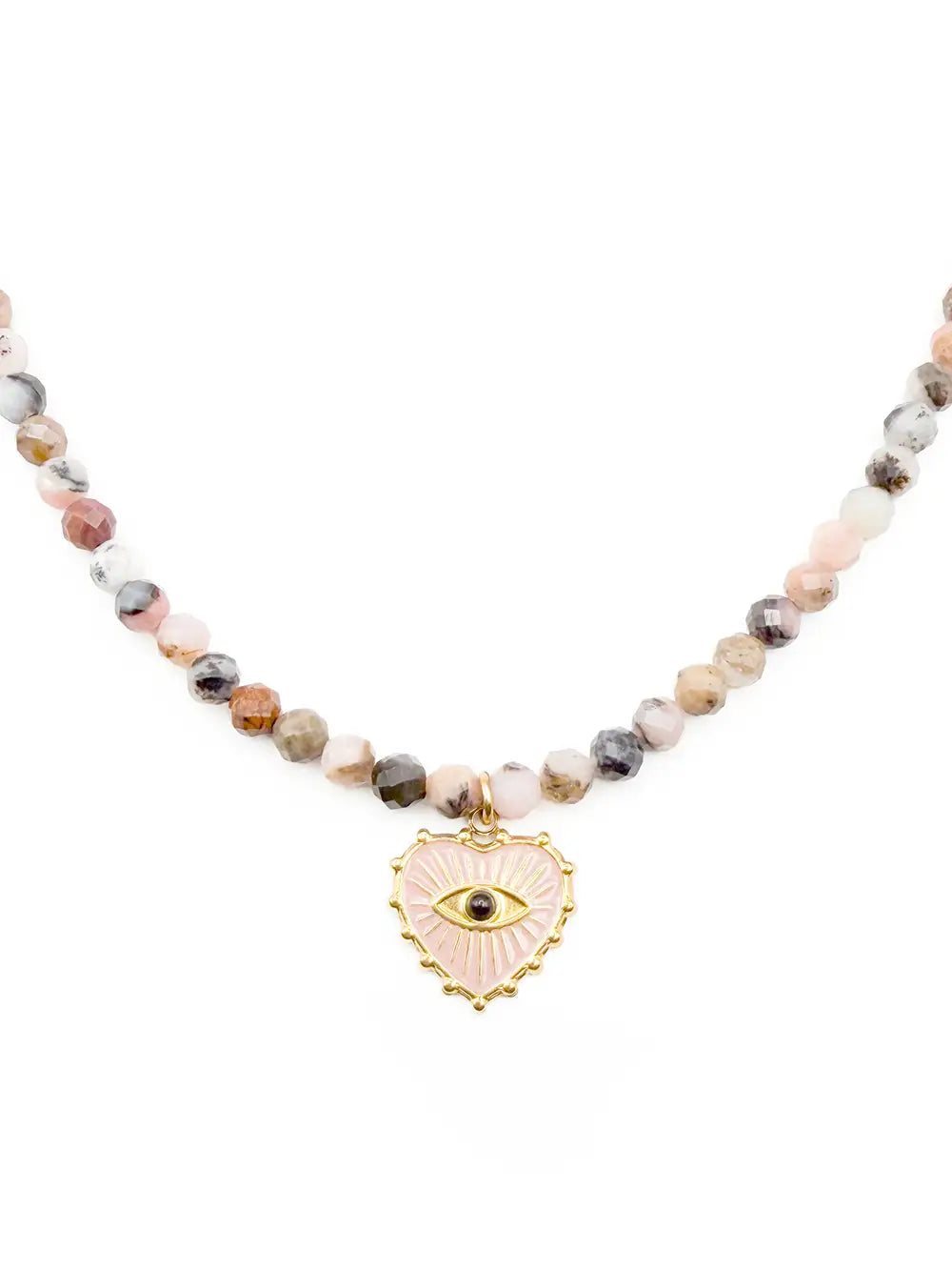collier pierre naturelle rose avec pendentif cœur œil doré