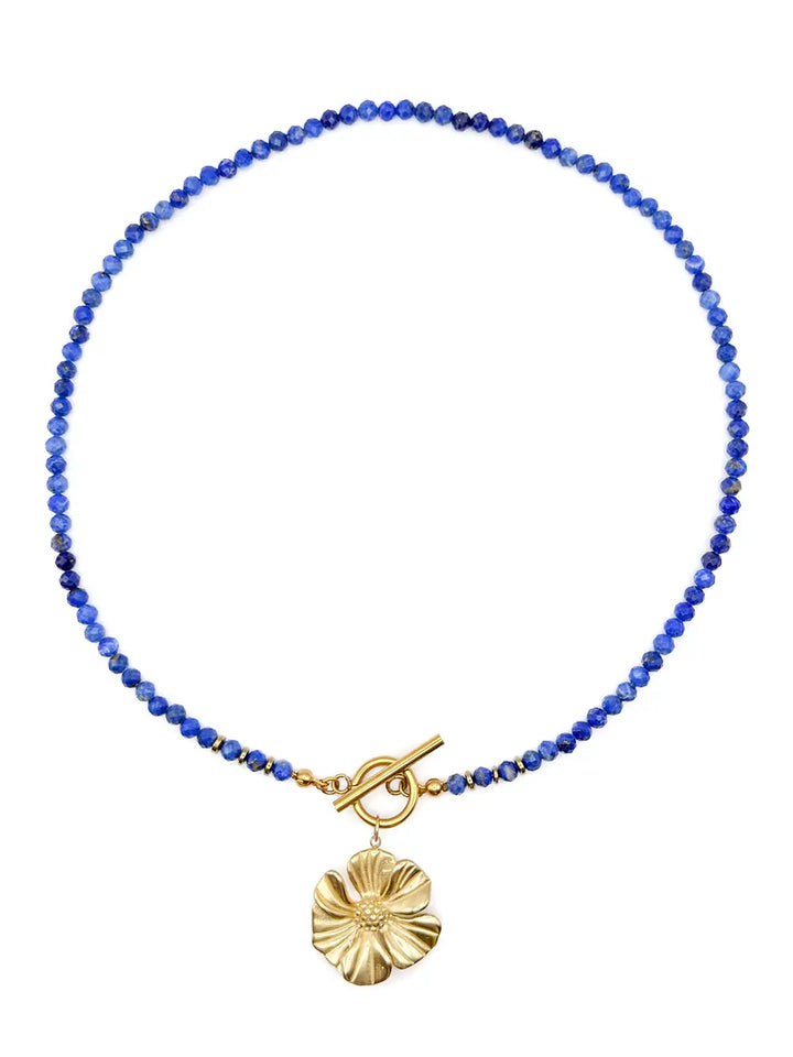 collier pierre naturelle lapis-lazuli bleu avec pendentif fleur