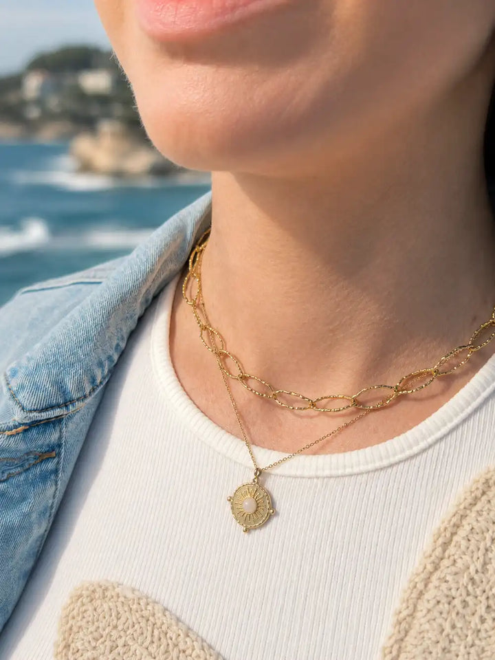 bijoux colliers femme en acier inoxydable doré avec une chaîne grosse maille et une chaîne fine avec pendentif