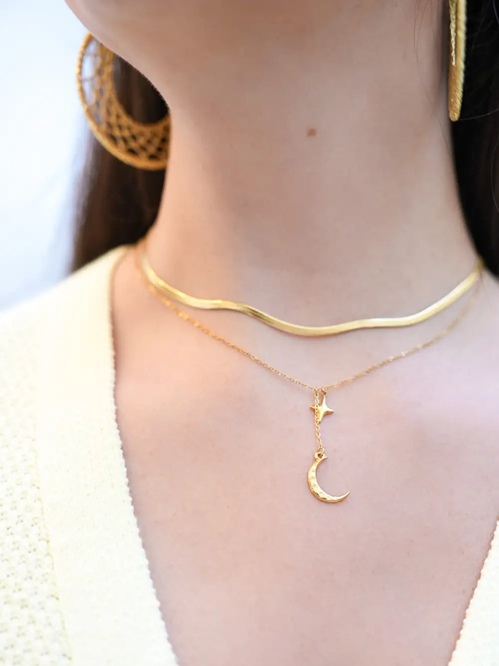 Collier chaîne lune et étoile doré en acier inoxydable