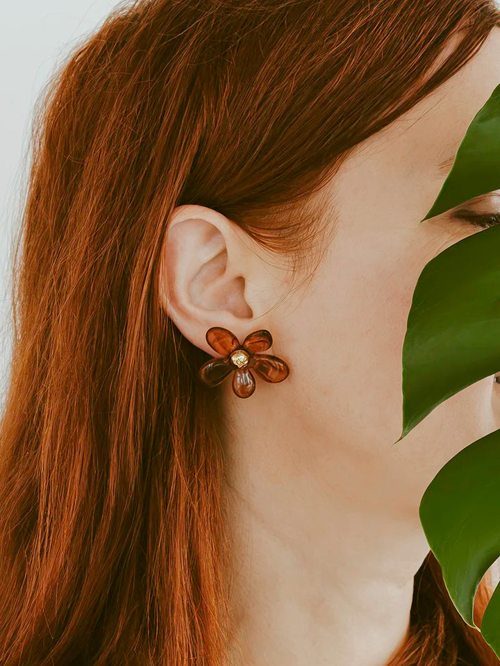 Boucles d’oreilles fleurs ambre doré