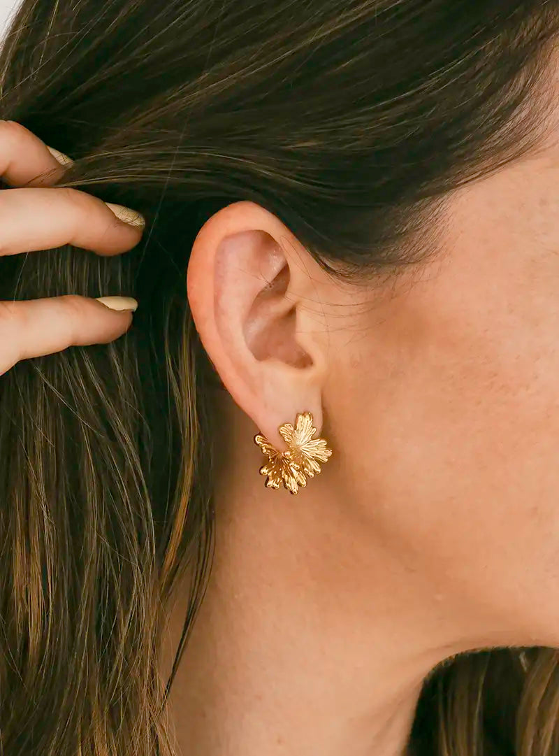 Boucles d’oreilles fleurs double face en acier inoxydable doré