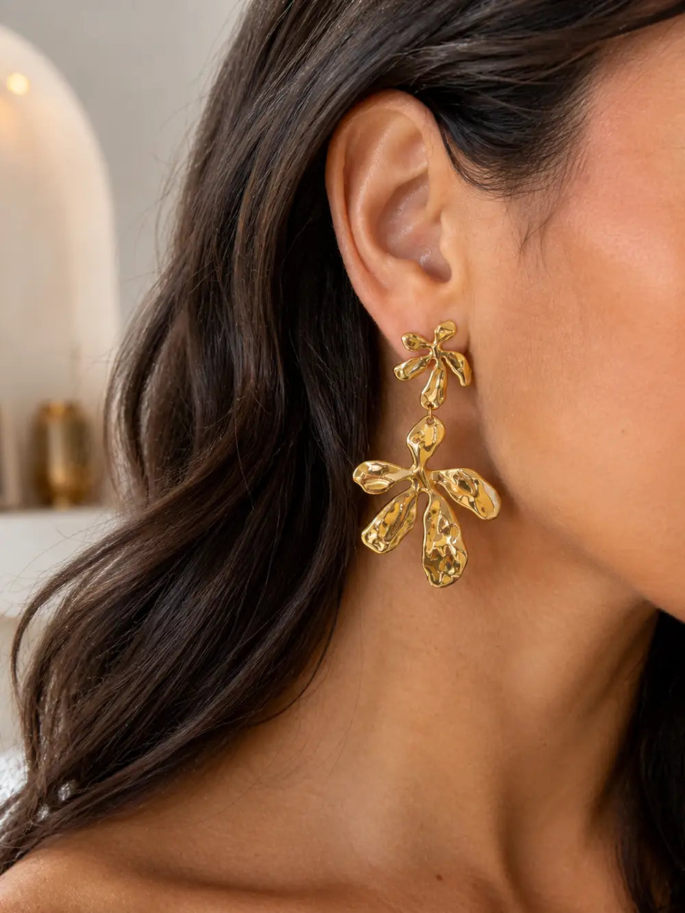 grandes boucles d'oreilles fleurs en acier inoxydable dorée